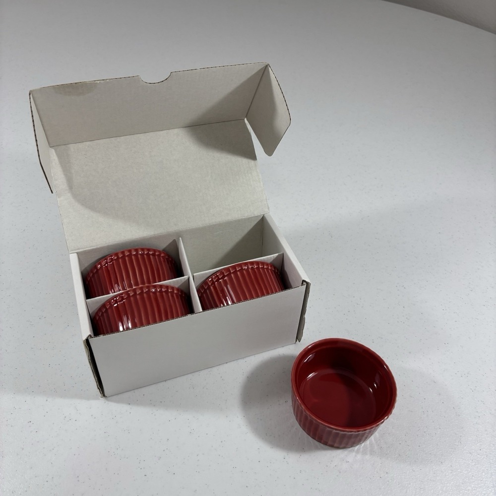 Apilco France Ramekins Soufflé Custard Cups Ribbed Red Porcelain Set of 4 Boxed